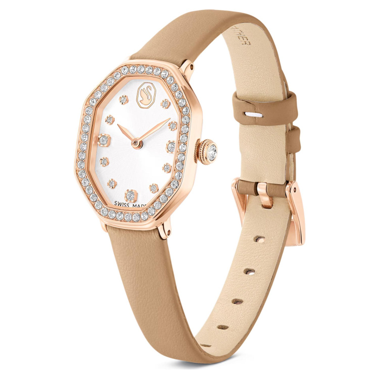 Dextera octagon watch Swiss Made, Leather strap, Brown, Rose gold-tone finish